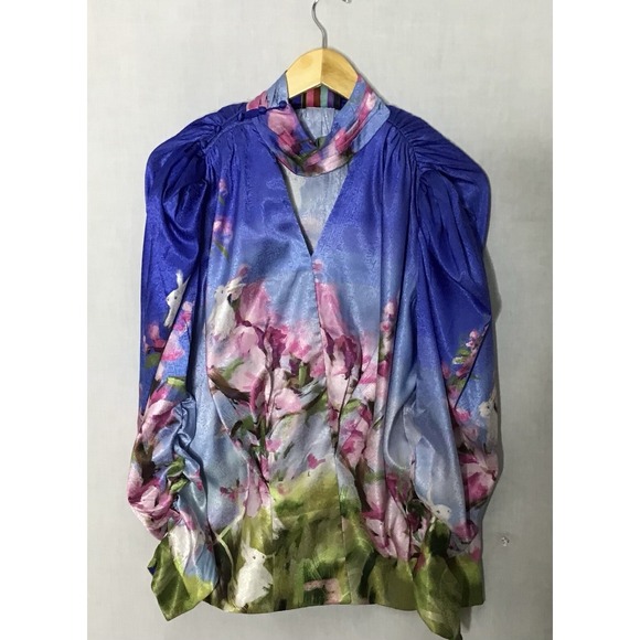 MUKZIN Women's Large Printed Floral Bunny Silky Puff Shoulder Blouse Art to Wear - Picture 4 of 11